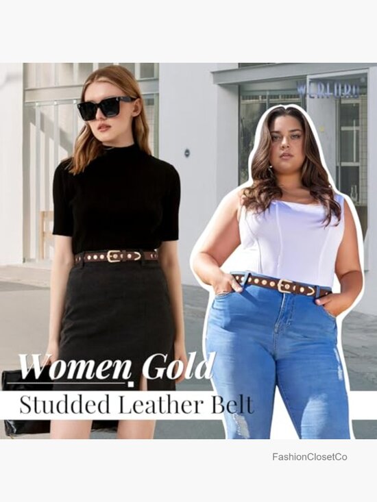 Faux Leather Studded Punk Belt with Gold Buckle